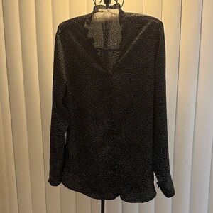 Express Slim Portofino Black Ruffle Collar Polka Dot Blouse Size Large